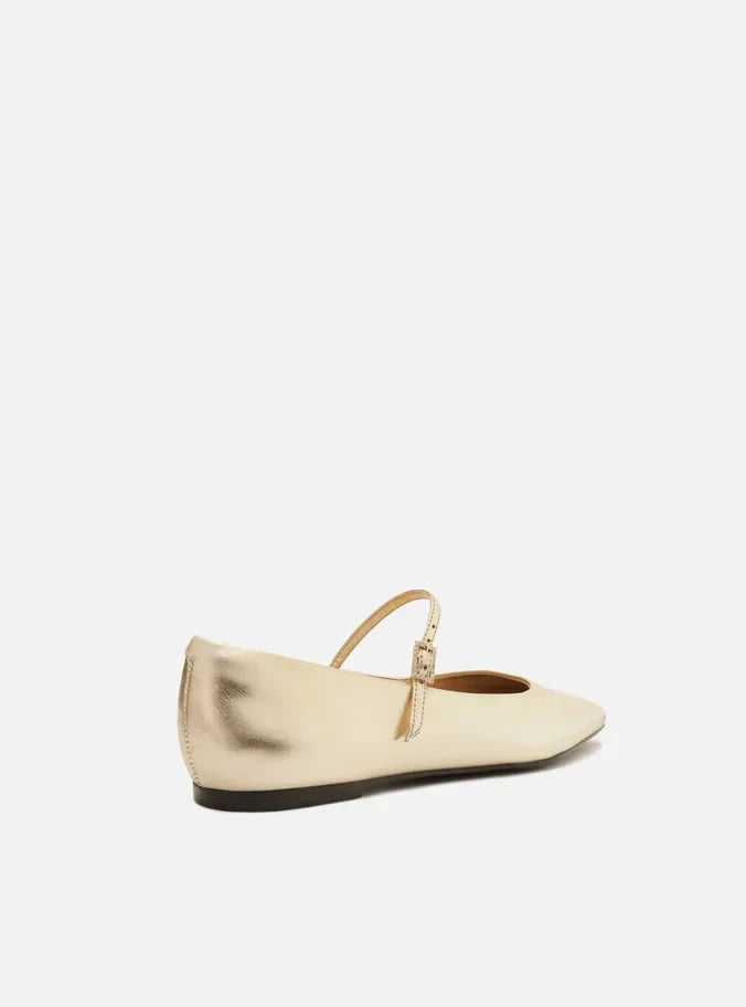 Sapatilha Dourada Couro Bico Quadrado