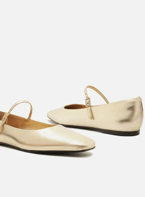 Sapatilha Dourada Couro Bico Quadrado
