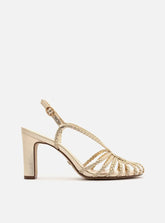 Sandália Dourada Salto Alto Tiras Huarache