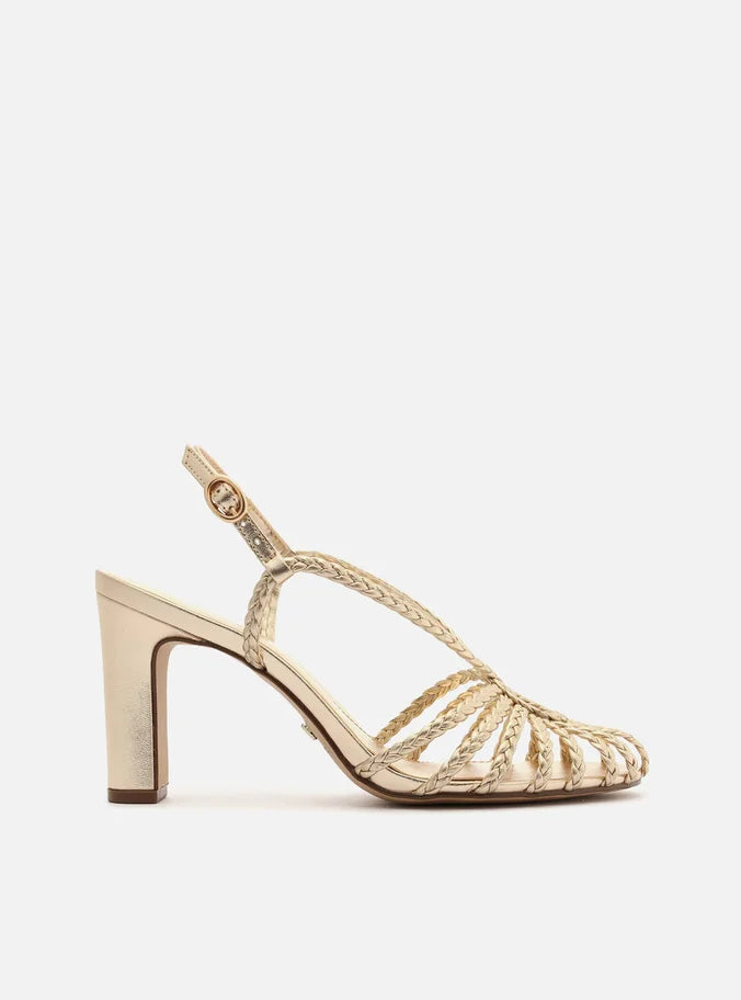 Sandália Dourada Salto Alto Tiras Huarache