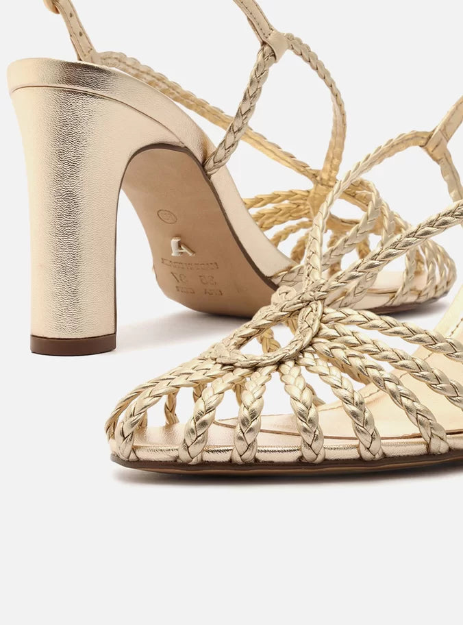 Sandália Dourada Salto Alto Tiras Huarache