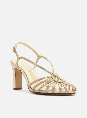 Sandália Dourada Salto Alto Tiras Huarache