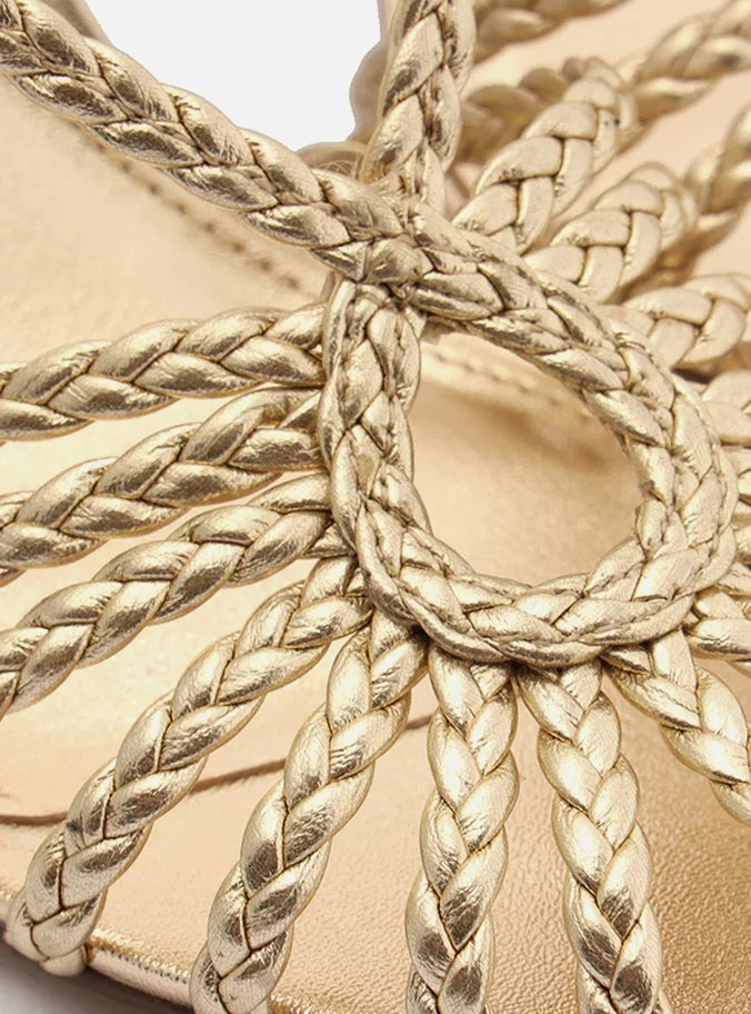 Sandália Dourada Salto Alto Tiras Huarache