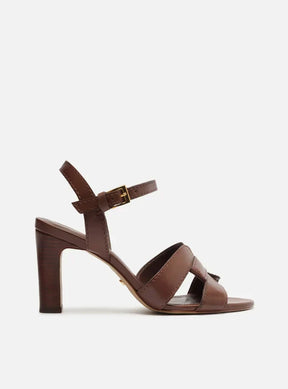 Sandália Marrom Couro Salto Bloco Tira Vazada