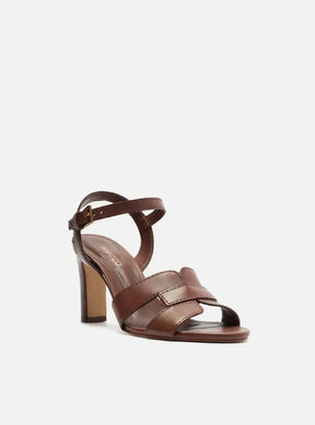 Sandália Marrom Couro Salto Bloco Tira Vazada