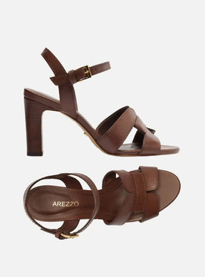 Sandália Marrom Couro Salto Bloco Tira Vazada