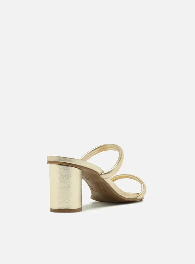 Tamanco Dourada Salto Bloco Duas Tiras Aberta