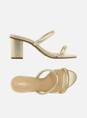 Tamanco Dourada Salto Bloco Duas Tiras Aberta