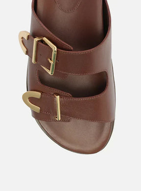 Papete Marrom Couro Tiras Metais Fivela