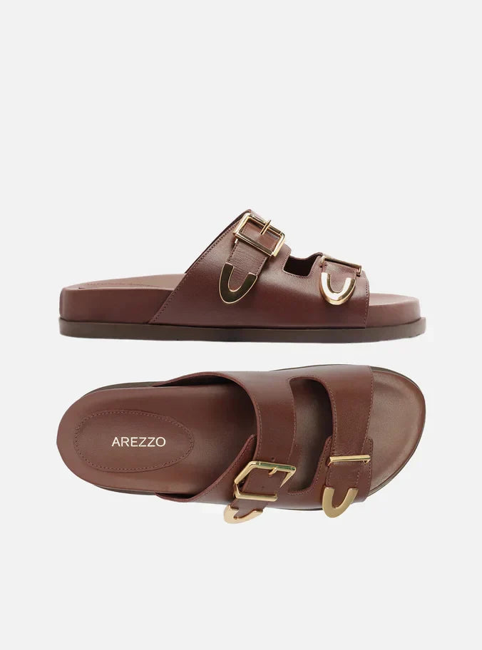 Papete Marrom Couro Tiras Metais Fivela