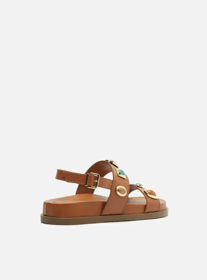 Sandália Papete Marrom Couro Mix Pedras