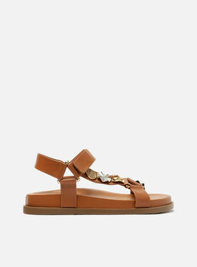 Sandália Papete Marrom Couro Mix Metais