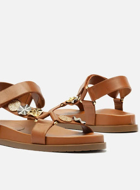 Sandália Papete Marrom Couro Mix Metais