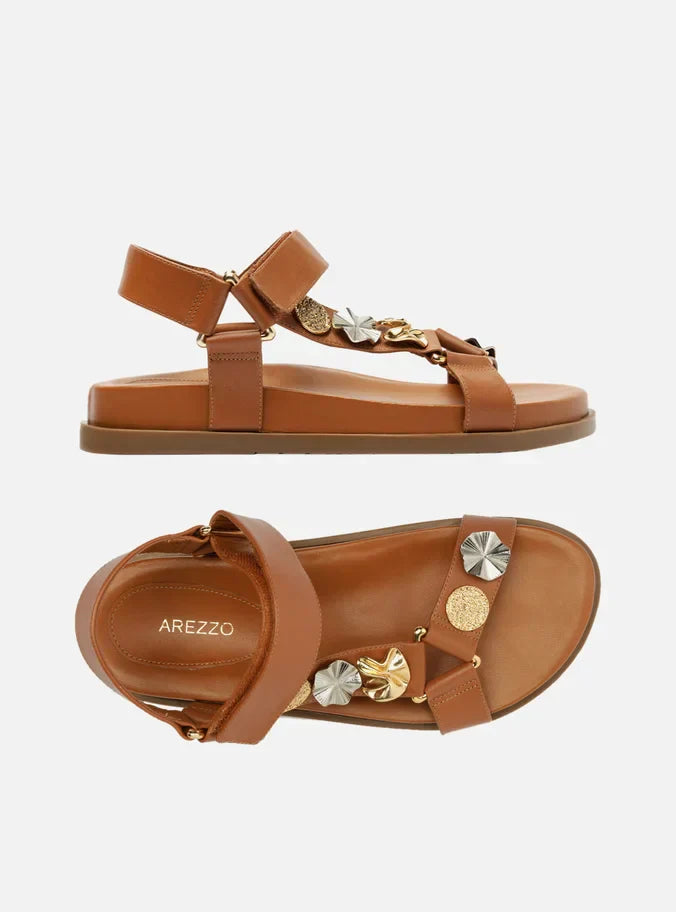 Sandália Papete Marrom Couro Mix Metais