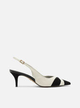Scarpin Preto Couro Salto Kitten Slingback Bicolor