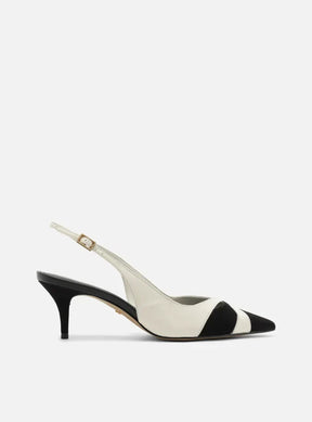 Scarpin Preto Couro Salto Kitten Slingback Bicolor