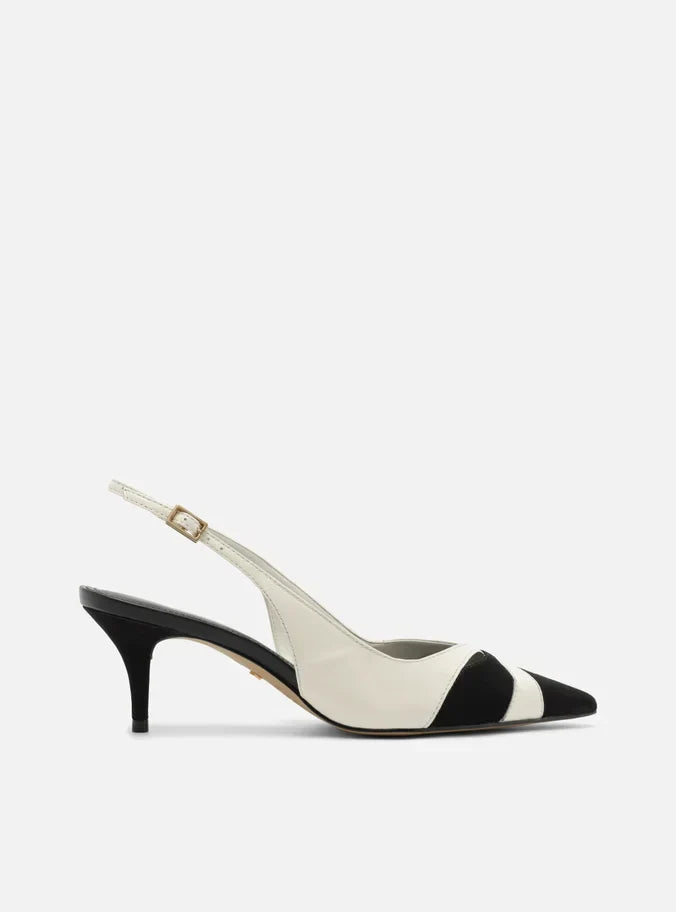 Scarpin Preto Couro Salto Kitten Slingback Bicolor