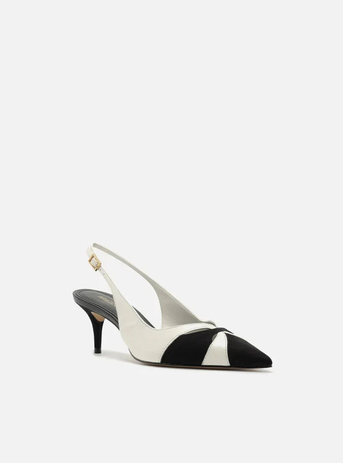 Scarpin Preto Couro Salto Kitten Slingback Bicolor