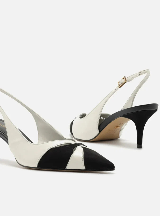 Scarpin Preto Couro Salto Kitten Slingback Bicolor