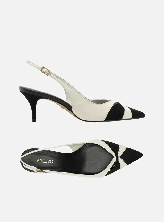Scarpin Preto Couro Salto Kitten Slingback Bicolor