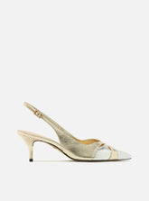 Scarpin Dourado Couro Salto Kitten Slingback Bicolor