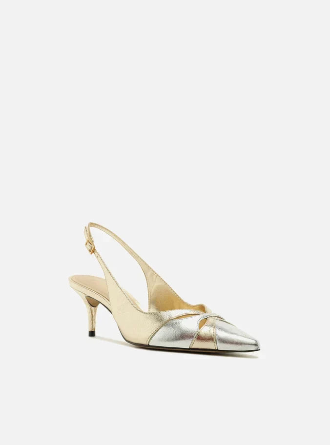 Scarpin Dourado Couro Salto Kitten Slingback Bicolor