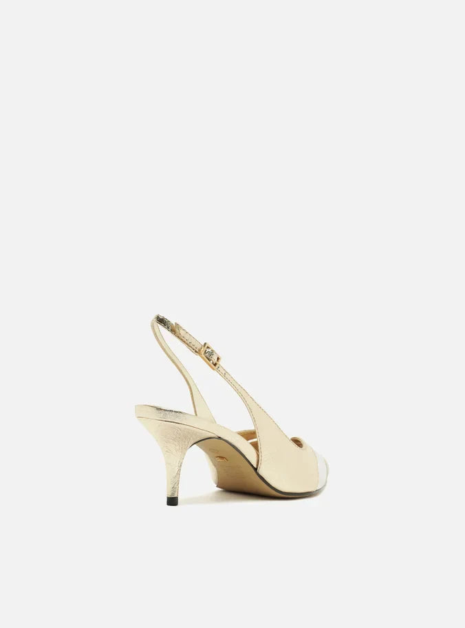 Scarpin Dourado Couro Salto Kitten Slingback Bicolor