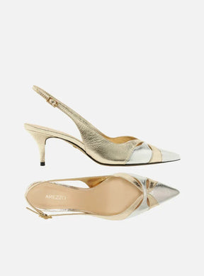Scarpin Dourado Couro Salto Kitten Slingback Bicolor