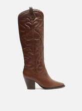 Bota Marrom Couro Cano Longo Western Costuras