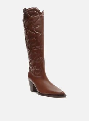 Bota Marrom Couro Cano Longo Western Costuras
