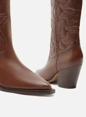 Bota Marrom Couro Cano Longo Western Costuras