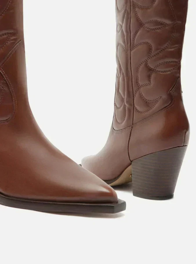Bota Marrom Couro Cano Longo Western Costuras