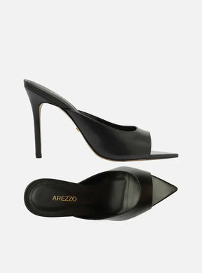 Mule Preta Couro Salto Alto Fino Bico Folha