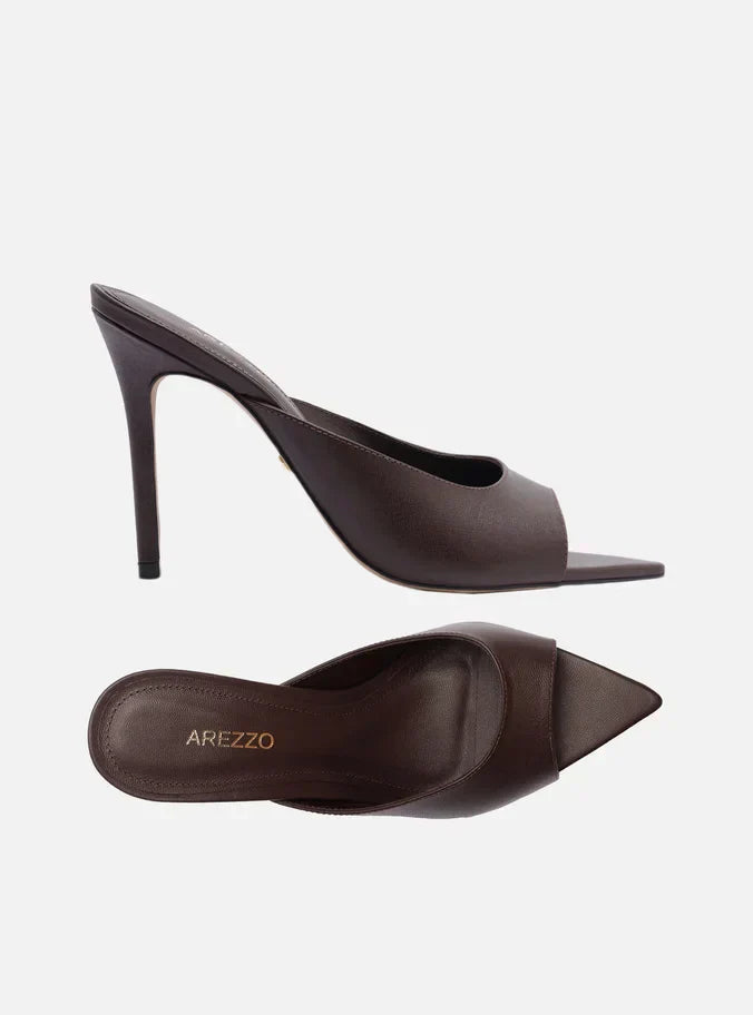 Tamanco Marrom Couro Salto Alto Fino