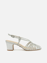 Sandália Prata Salto Bloco Tiras Trançadas Gota