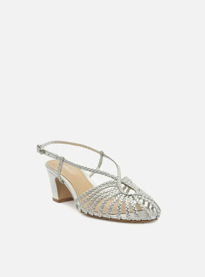 Sandália Prata Salto Bloco Tiras Trançadas Gota