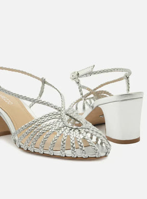 Sandália Prata Salto Bloco Tiras Trançadas Gota