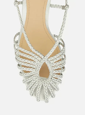 Sandália Prata Salto Bloco Tiras Trançadas Gota