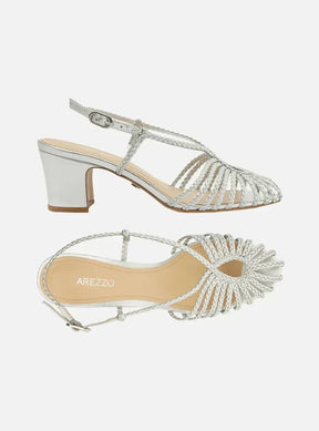 Sandália Prata Salto Bloco Tiras Trançadas Gota