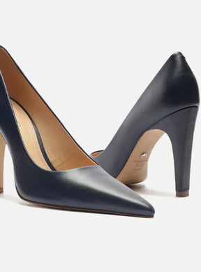 Scarpin Azul Couro Salto Alto Bico Fino