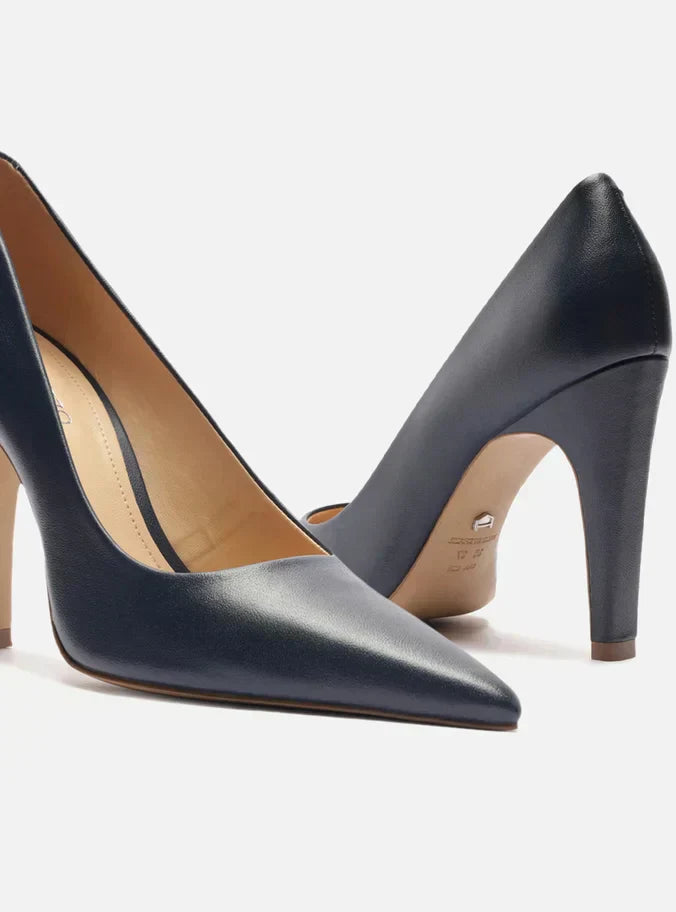 Scarpin Azul Couro Salto Alto Bico Fino