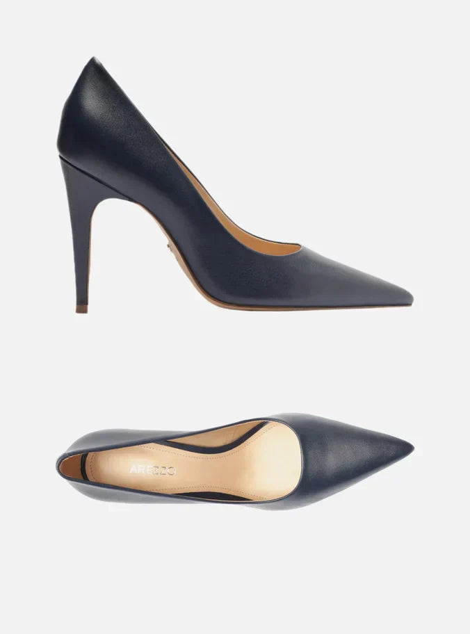 Scarpin Azul Couro Salto Alto Bico Fino