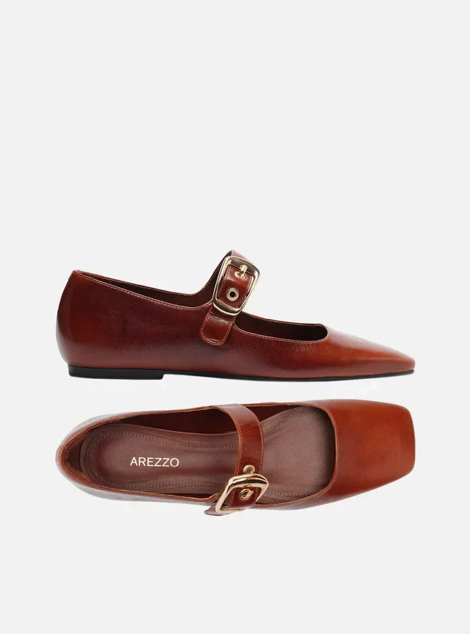 Sapatilha Caramelo Couro Bico Quadrado Fivela