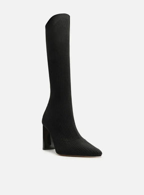Bota Skinny Preta Knit Cano Longo Salto Bloco