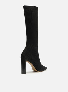 Bota Skinny Preta Knit Cano Longo Salto Bloco
