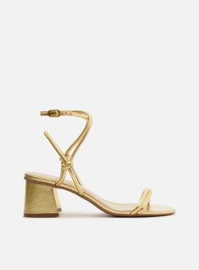 Sandália Dourada Salto Bloco Tiras Knot