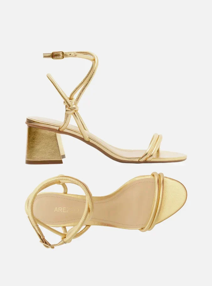 Sandália Dourada Salto Bloco Tiras Knot