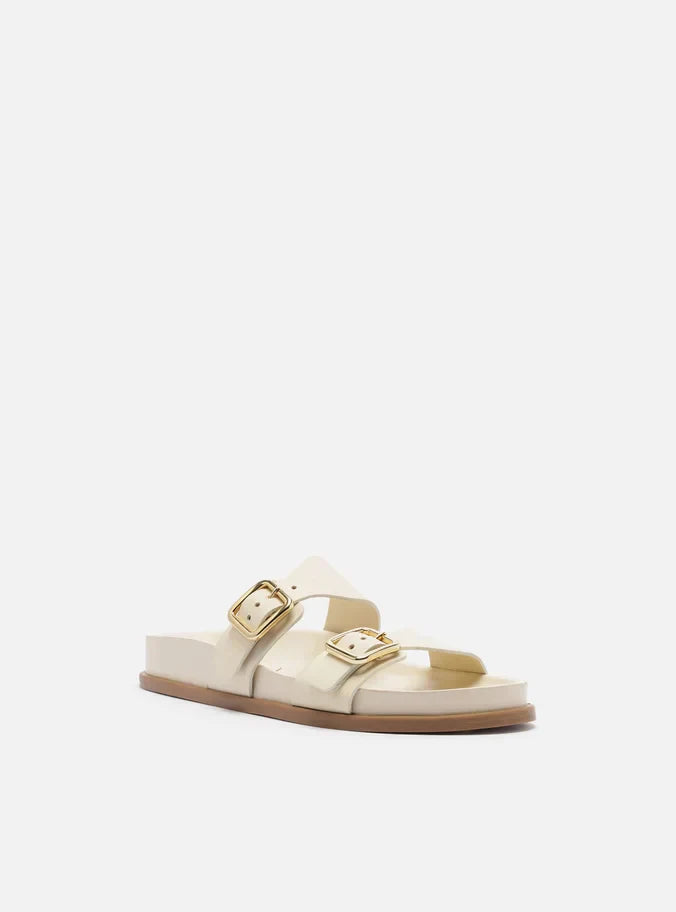 Papete Branca Couro Bico Redondo Tiras Fivelas