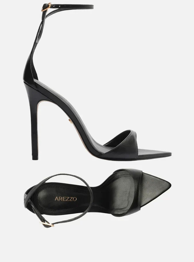 Sandália Preta Couro Salto Alto Tiras