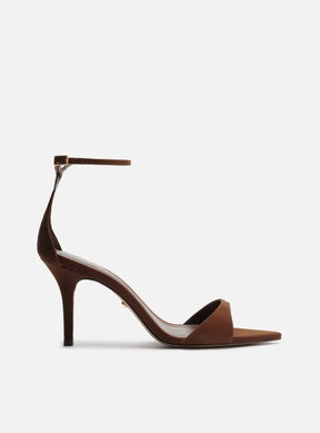 Sandália Marrom Escuro Camurça Salto Médio Tiras